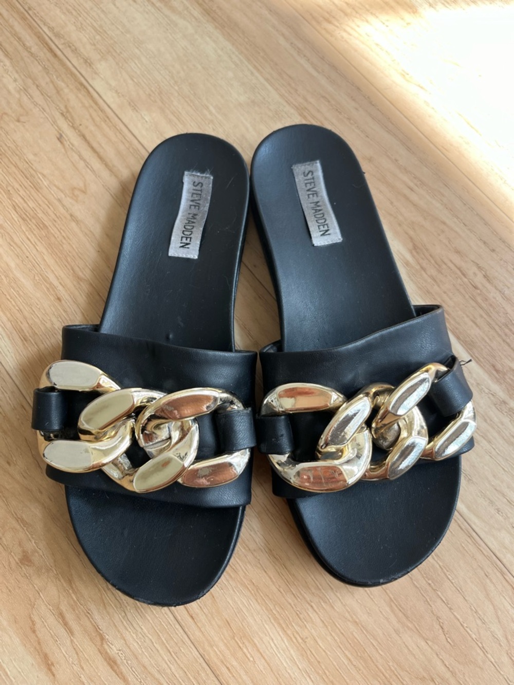 Steve Madden Black Slides with Gold Chain Accent